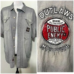 Parish Nation Mens Sz 2X Button Up, Outlaw Motoclub On Back Pinstripe Shirt